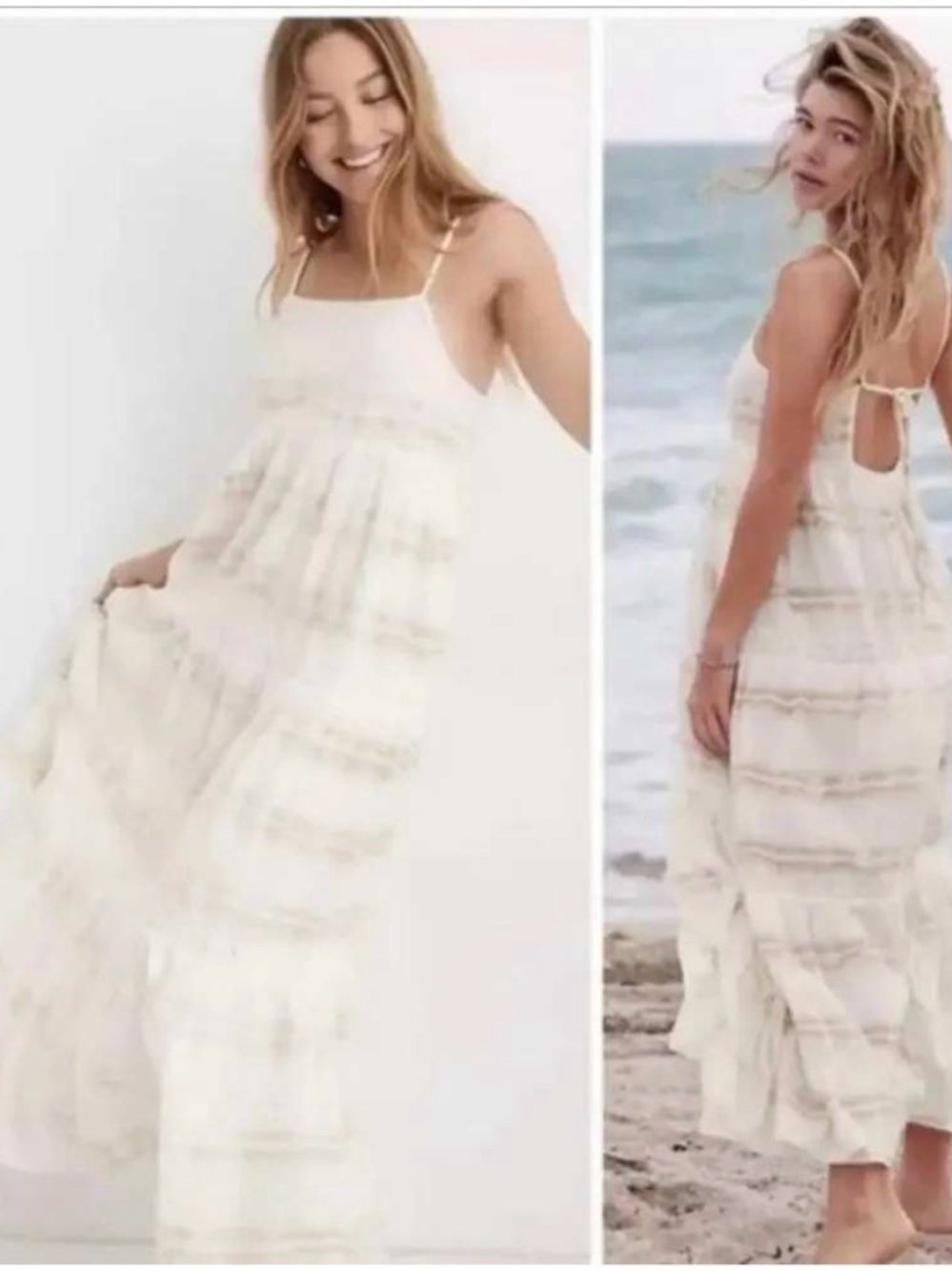Aerie Lightweight Cream & Beige Tie DyeTiered Maxi Dress Spaghetti Straps Large